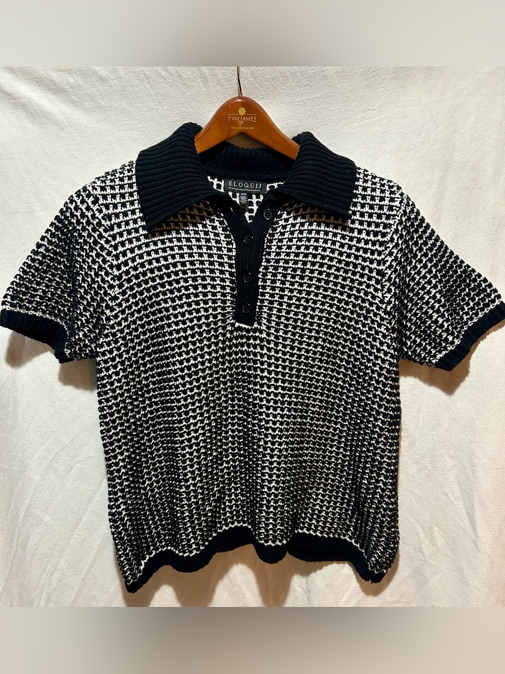 ELOQUII Houndstooth-Style Knit Polo Sweater — Size 14/16 Black White Open Knit